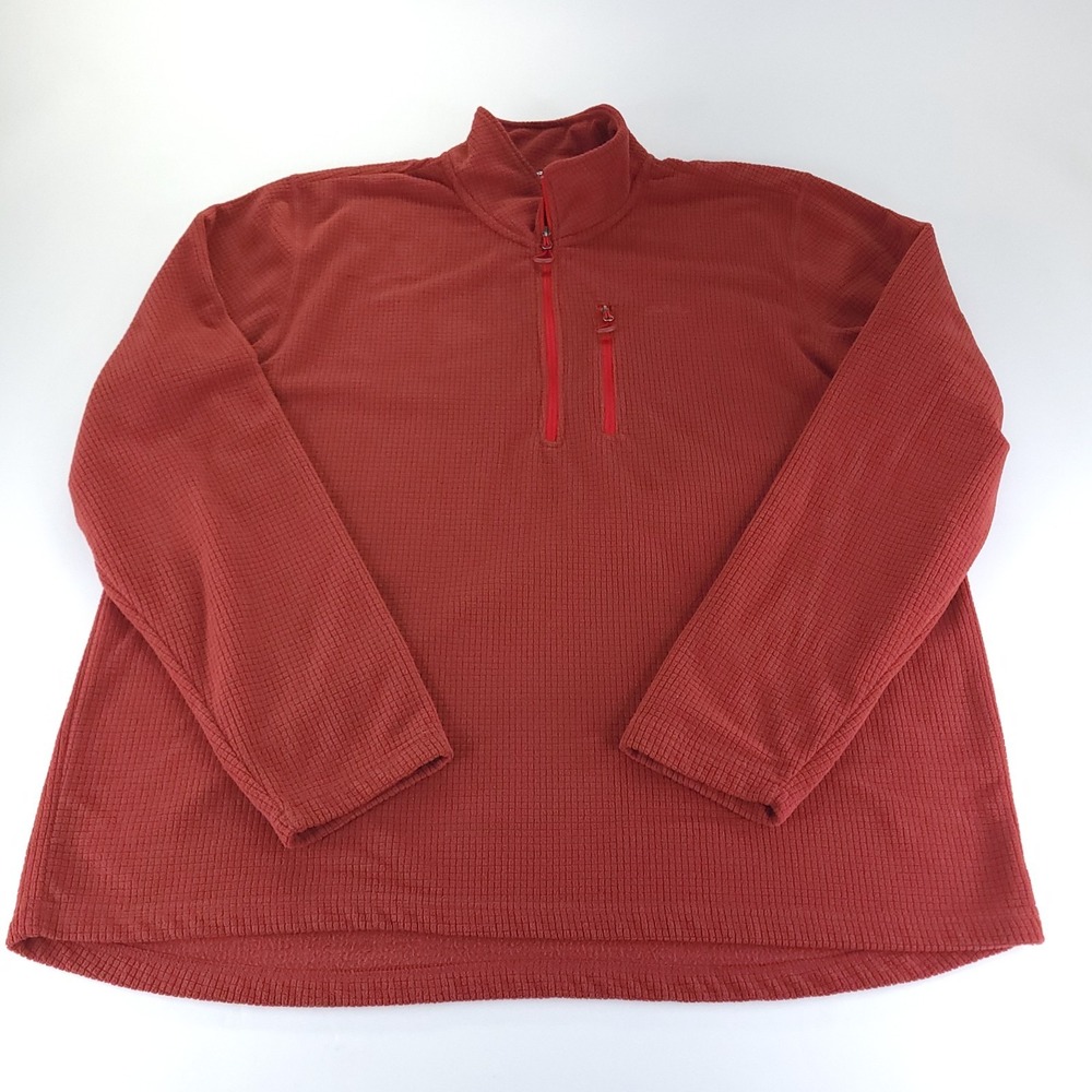 Orvis Sweater Mens XXL Burnt Orange Waffle Grid Fleece Pullover Chest Zip Pocket